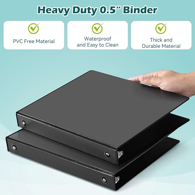 3 Ring Binder 0.5 Inch 12 Pack, 0.5" Clear View Round Ring Binders, PVC-Free, Holds for 100 Sheets 8.5"x 11" US Letter Size Paper, 1/2 in Durable Black Binders for Office,School and Home.