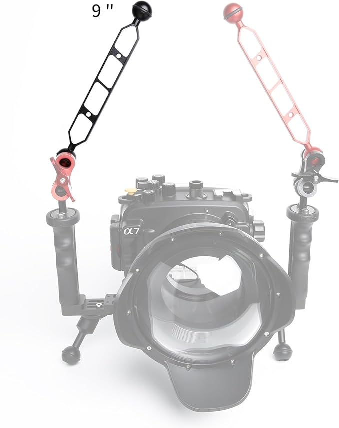 Black 9" Underwater Aluminum Alloy Extension Arm (2-Pack) - Dual Ball System with 1" Head Connector, Waterproof & Rustproof for Diving Camera Tray/Strobe/Video Light, Scuba Photography Gear