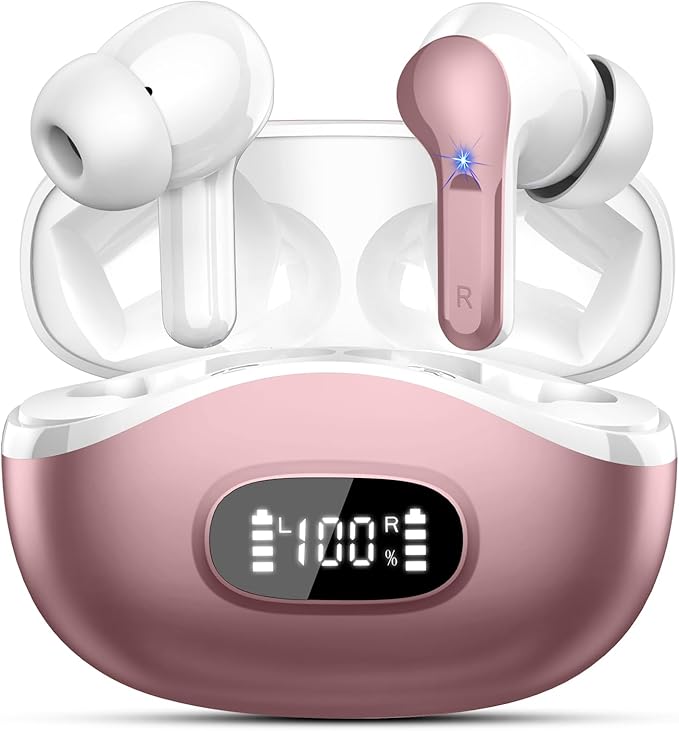 Wireless Earbuds, Bluetooth Headphones 5.4 HiFi Stereo, Ear Buds with 4 ENC Noise Cancelling Mics, 48H Bluetooth Earbuds with Dual LED Display, IP7 Waterproof Earphones for Android iOS, Rose Gold