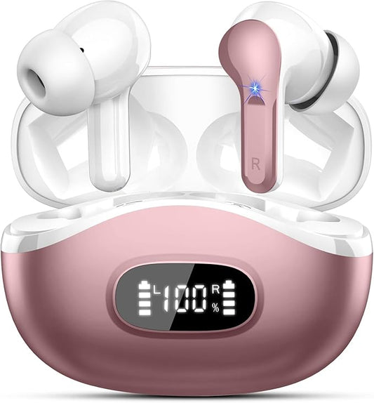Wireless Earbuds, Bluetooth Headphones 5.4 HiFi Stereo, Ear Buds with 4 ENC Noise Cancelling Mics, 48H Bluetooth Earbuds with Dual LED Display, IP7 Waterproof Earphones for Android iOS, Rose Gold