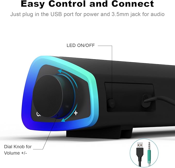 SOULION R30 Computer Speakers, Colorful LED Lights with Switch Button, Surround Sound Portable Computer Sound Bar Speakers for Desktop, Gray