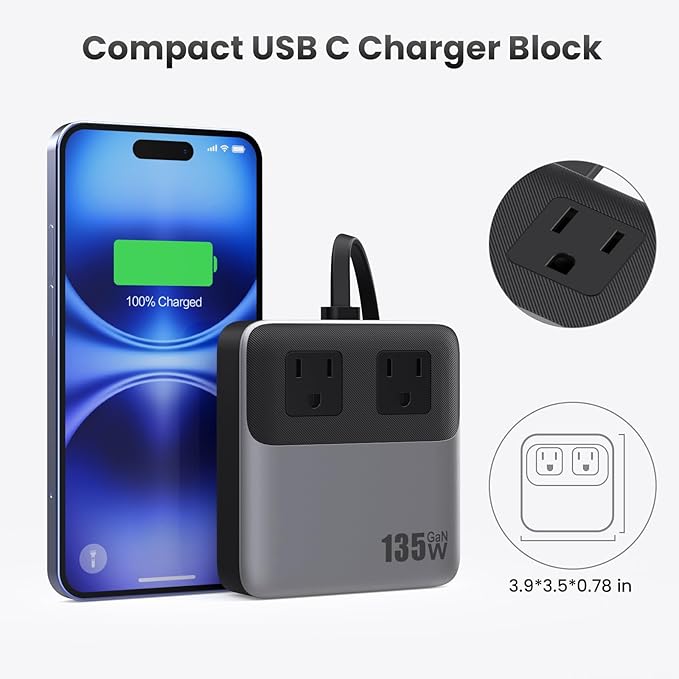USB C Charger Block,135W GaN Fast Charging Station Hub,6-in-1 USB C Power Strip with 5ft Cord,2 AC & 2 USB A & C,PD 65W Laptop Charger for MacBook Air/Pro,iPhone16/15,Galaxy S24 etc