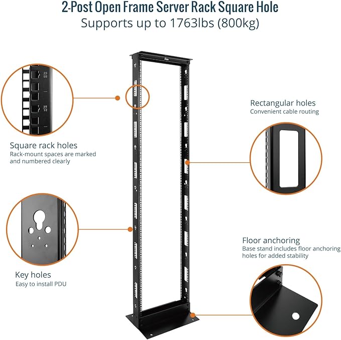 Tecmojo 45U 2-Post Open Frame Server Rack – 19" Network, Server, AV, Data & IT Equipment, Telecom & Patch Panel Mount, 1763 lbs Capacity, Black, Square Holes