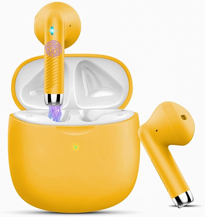 Wireless Earbuds, Bluetooth 5.4 Headphones in Ear with Noise Cancelling Mic, Bluetooth Earbuds Stereo Bass, IP7 Waterproof Sports Earphones, 32H Playtime USB C Charging Ear Buds Yellow for Android iOS