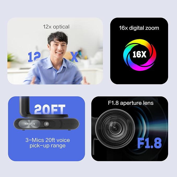 4K Dual-Eye PTZ Camera, 12x Optical and 16x Digital Zoom, Auto Focus, Noise Reduction, AI-Powered Tracking, 3-Mics 20ft Voice Pick-up Range, Works with Microsoft Teams & Zoom & Google Meet (UC P30)