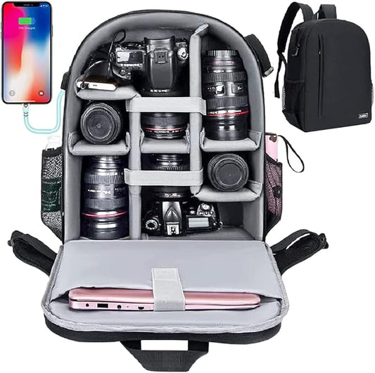 Cwatcun Camera Backpack with USB,Rain Cover,fit 15.6" Laptop,Anti-Theft Rear Open Camera Bag,Waterproof Camera Case with Tripod Straps for Canon Nikon Sony DSLR SLR Photography Bag Unisex(III-L-Black)