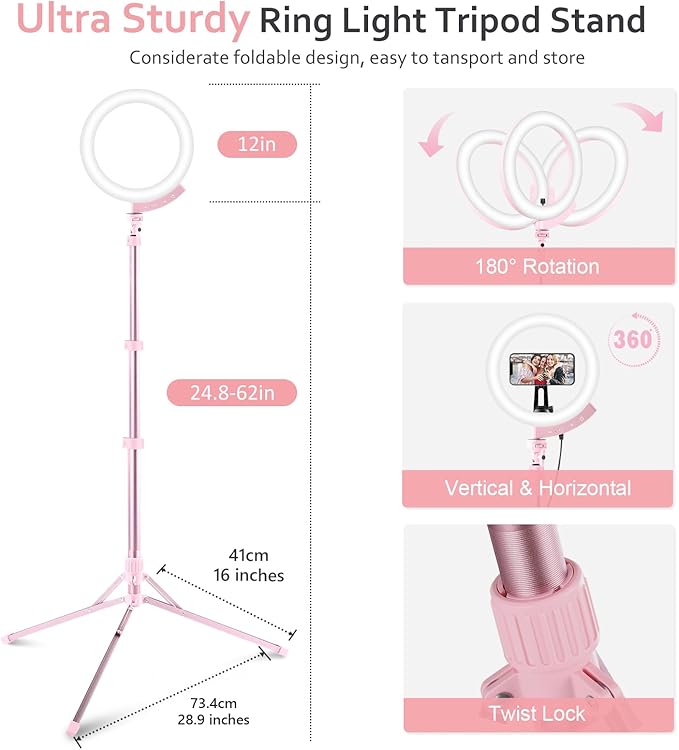 Aureday 12'' Selfie Ring Light with 62'' Tripod Stand and Magnetic Phone Holder, LED Ringlight for Recording/TikTok/Makeup/Photography, Circle Fill Light with Wireless Remote for iPhone&Android Phones
