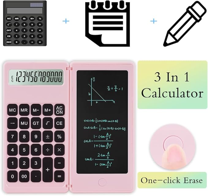 Desk Calculator, Desktop Small Calculators with Writing Notepad, Basic 4-Function Math Large Button Calculator, School Supplies for Kids, Middle/High School Students (Pink)