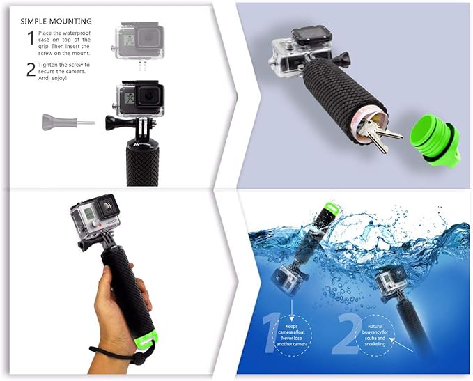 Waterproof Floating Hand Grip Compatible with GoPro Hero 12 11 10 9 8 7 6 5 4 3+ 2 1 Session Black Silver Camera Handler & Handle Mount Accessories Kit for Water Sport and Action Cameras (Green)