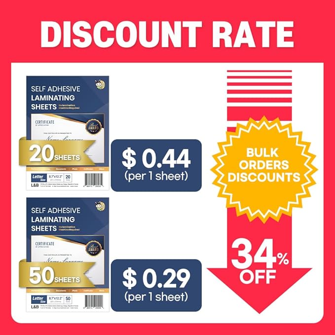 No Heat Laminating Sheets Self Sealing 8.7 x 12.2 Inch, 20 Pack, 4mil Thickness, Transparent, No Machine Self Adhesive Laminating Sheets, Protect documents and Photos [Letter Size] by HA SHI