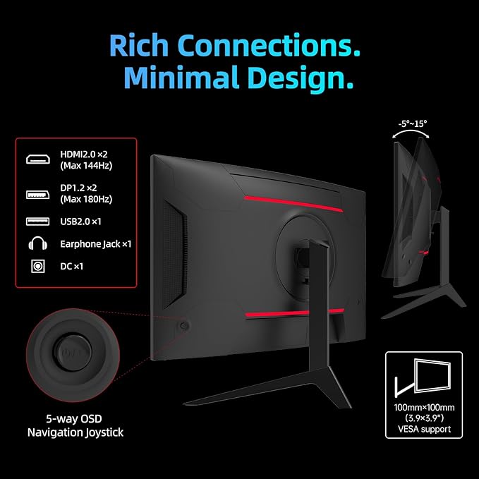 KTC 27 inch WQHD 180Hz 1ms Curved Gaming Monitor 1440P 144Hz Monitor 132% sRGB HVA FreeSync DisplayPort/HDMI/USB VESA Computer Monitor for Gamers (DP Cable Included)