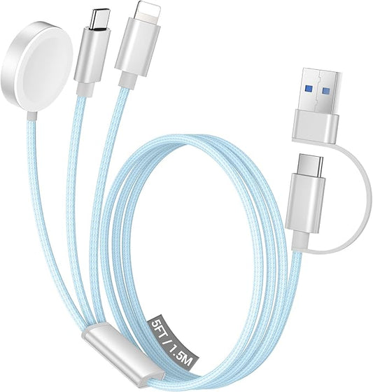 Temdan for Travel Vacation Essentials,3 in 2 USB C Cable for Apple Watch Charger/iPhone 17 Charger/Lightning,Multi Charging Cable Cord,Camping Essentials,Designed for iWatch &iPhone 16-12-5FT Blue
