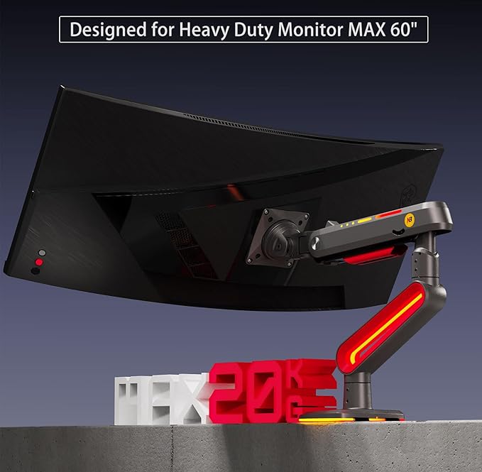 NB Designer Gaming Monitor Arm for 32 to 60 Inches Screen, Load up to 20 kg, VESA 75/100, RGB-Light, Heavy Duty, Multi Angle Adjustable, Premium Aluminum, Long Arm Extension Red