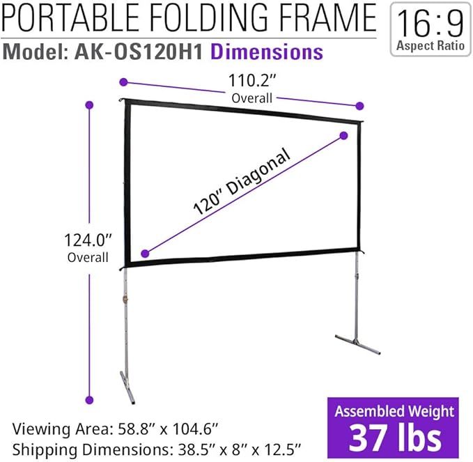Akia Screens 120 inch Portable Outdoor Projector Screen with Stand and Bag 16:9 8K 4K Ultra HD 3D Adjustable Height Foldable Projection Screen Silver for Movie Video Home Theater AK-OS120H1