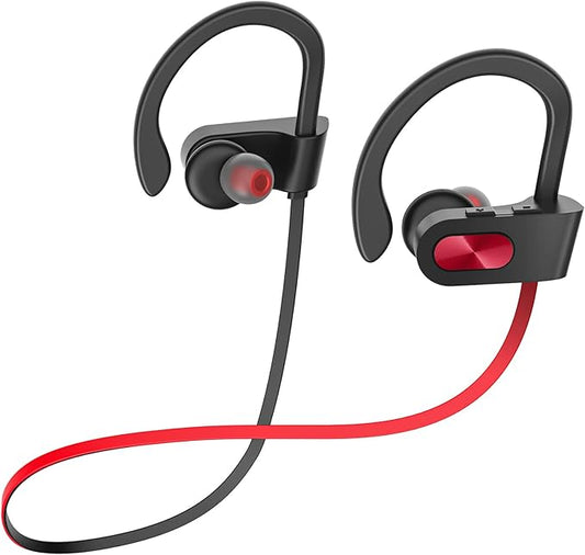 Sport Bluetooth Headphones with Microphone, 16H Deep Bass Running Headphones Wireless, IPX7 Waterproof Wireless Earbuds with Ear Hooks, CVC 6.0 Noise Cancelling Earbuds for Calls, Red