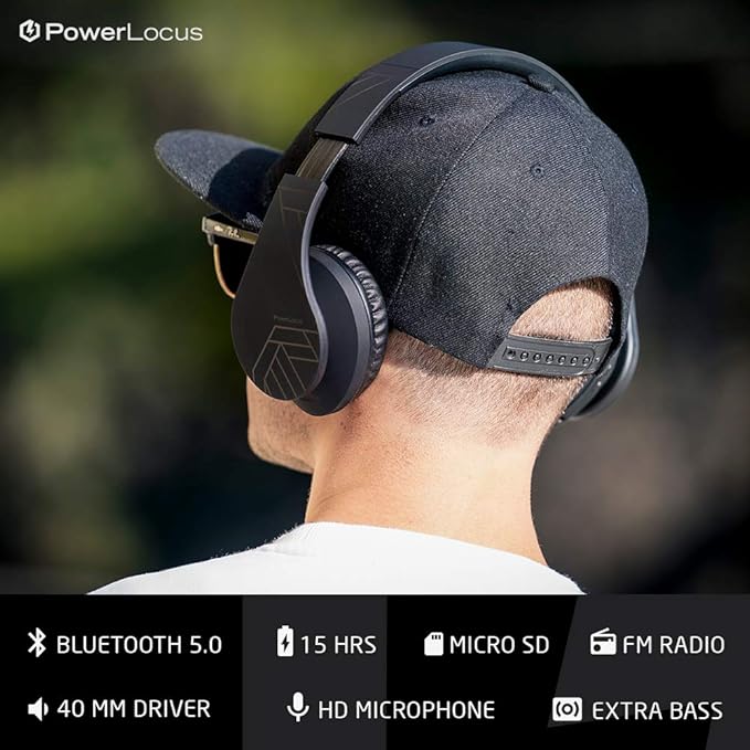 PowerLocus Bluetooth Over-Ear Headphones, Wireless Stereo Foldable Headphones Wireless and Wired Headsets with Built-in Mic, Micro SD/TF, FM for iPhone/Samsung/iPad/PC (Black)
