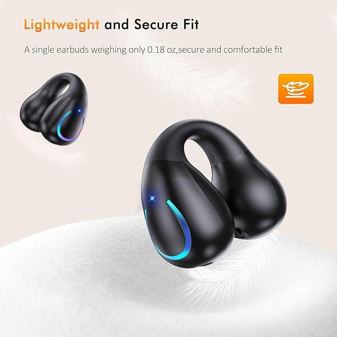 Clip On Earbuds, Bluetooth 5.3 Lightweight Comfort Bone Conduction Open Ear Headphones with LED Digital Display Charging Case Sport Built-in Mic IPX7 Waterproof for Running Fitness Android, Deep Black