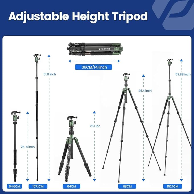Fotopro 62" Carbon Fiber Travel Tripod, Compact Camera Tripod with Metal Ball Head, Detachable Monopod with Arca-Swiss Quick Release Plate and Bag, Load up to 8KG/17.63lbs