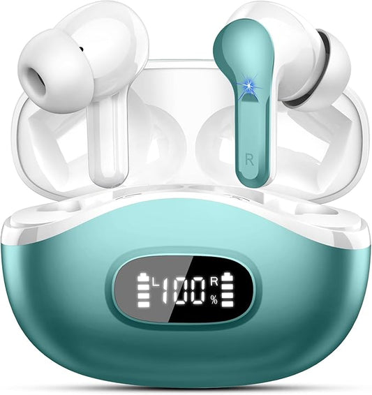 Wireless Earbuds, Bluetooth Headphones 5.4 HiFi Stereo, Ear Buds with 4 ENC Noise Cancelling Mics, 48H Bluetooth Earbuds with Dual LED Display, IP7 Waterproof in Ear Earphones for Android iOS, Cyan
