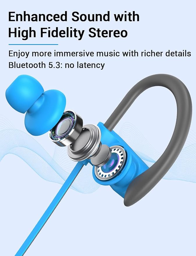 Stiive Bluetooth Headphones, 5.3 Wireless Sports Earbuds IPX7 Waterproof with Mic, Stereo Sweatproof in-Ear Earphones, Noise Cancelling Headsets for Gym Running Workout, 16 Hour Playtime - Bluegrey