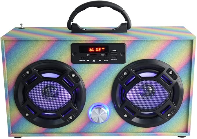 Mini Boombox with LED Speakers – Retro Bluetooth Speaker w/Enhanced FM Radio - Perfect for Home and Outdoor (Glitter Rainbow)