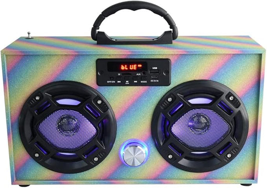 Mini Boombox with LED Speakers – Retro Bluetooth Speaker w/Enhanced FM Radio - Perfect for Home and Outdoor (Glitter Rainbow)