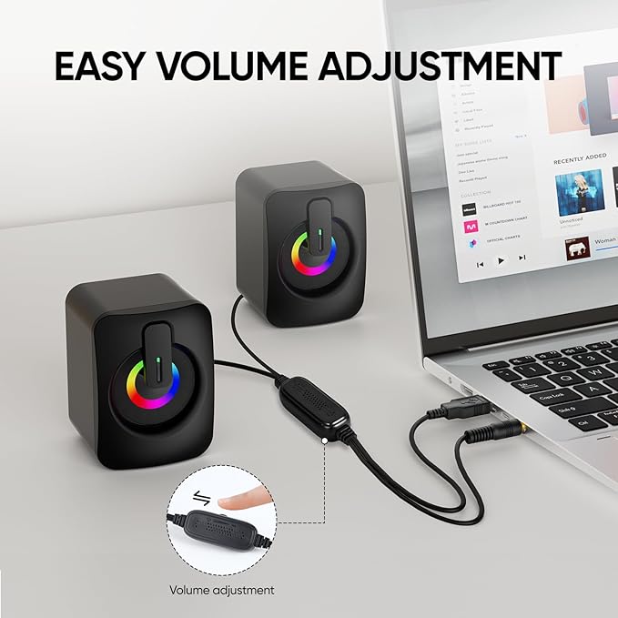 MELOGAGA RGB Computer Speakers, USB-Powered PC Speakers with 7-Color LED Backlight, 3.5mm Aux Compact Soundbar for Desktop, Laptop, Tablet – Crisp Audio & Space-Saving Design