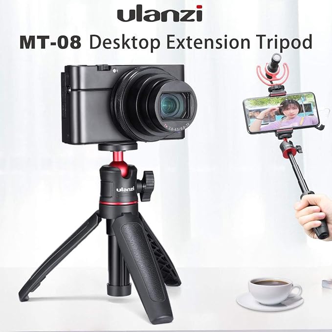 MT-08 Black Mini Tripod for Camera, 1/4" Screw Universal Tripod Compatible with DJI OSMO Pocket 3/Insta 360 x 5/OSMO 360/Sony/Canon/Nikon Fuji, Extendable Handheld Vlogging Video Filming Table Stand