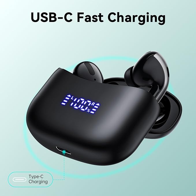 Wireless Earbuds, Bluetooth Ear Buds Headphones, 60H Long Playtime, Stereo Deep Bass, LED Power Display, IPX7 Sport Waterproof, Lightweight in-Ear Earphones with Mic for iPhone Android PC TV Computer