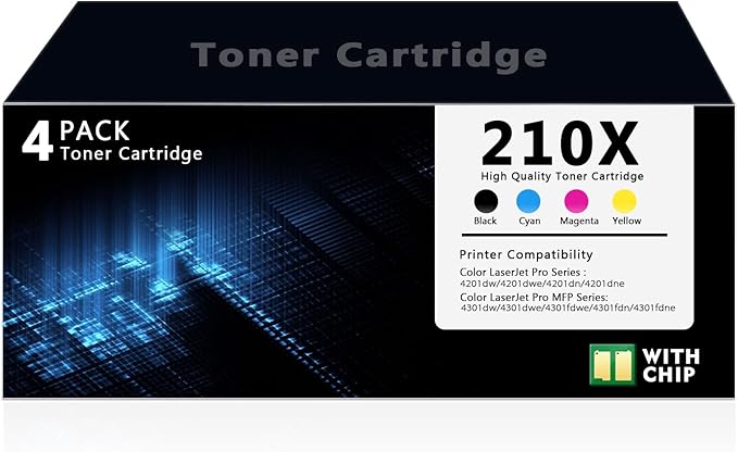 210X Toner Cartridge High Yield 4 Pack with Chip Compatible with HP 210X 210A W2100X W2101X W2102X W2103X Replacement for HP Color Laser Jet Pro MFP 4201dw 4201dn 4301dw 4301fdwe Printer (BK/C/M/Y)