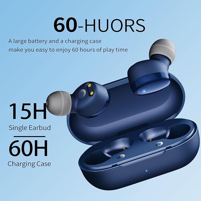 Wireless Earbuds in-Ear Headphones Bluetooth 5.3 with Built-in Mics Deep Bass Clear Call Ultralight Headsets Up to 60H Play Time for Studying Workout Gaming Blue