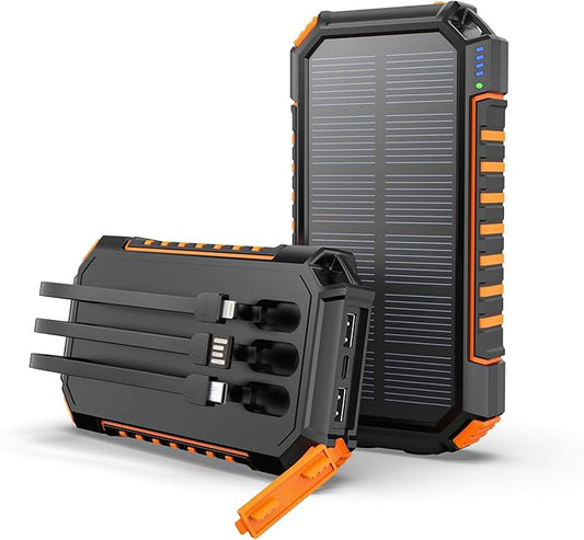 Hiluckey Power Bank Solar Charger 27000mAh Built in 3 Cables Five Outputs 15W Fast Charging Power Bank for All Mobile Devices Solar Portable Charger with Dual Flashlights