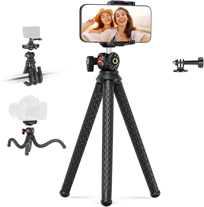 NEEWER Flexible Phone Tripod, Small Mini Desk Stand for Camera with Hidden Phone Holder Action Camera Mount Adapter Compatible with iPhone GoPro DJI Insta360 Samsung for Vlogging Video Recording, TP34