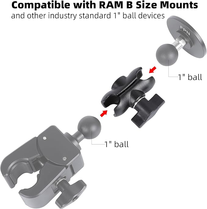 Aluminum Alloy Double Socket Arm Compatible with RAM Mounts B Size 1" Ball Components, Fits Industry All Standard 1" Ball Adapters (2.36" Short Arm)