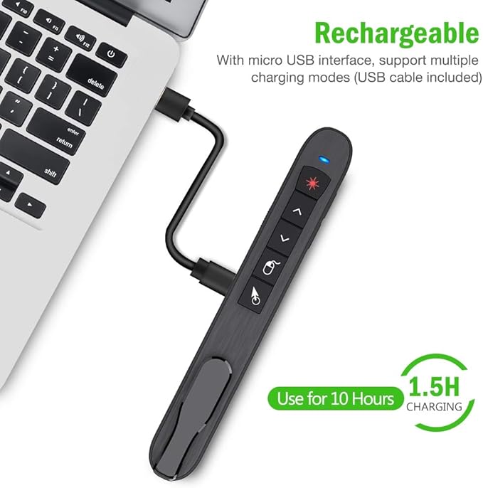 Air Mouse Green Light Presentation Remote Control USB Rechargeable Presentation Clicker Wireless Presenter RF 2.4 GHz Powerpoint Clicker Slide Advancer Changer Mac/Laptop/Computer