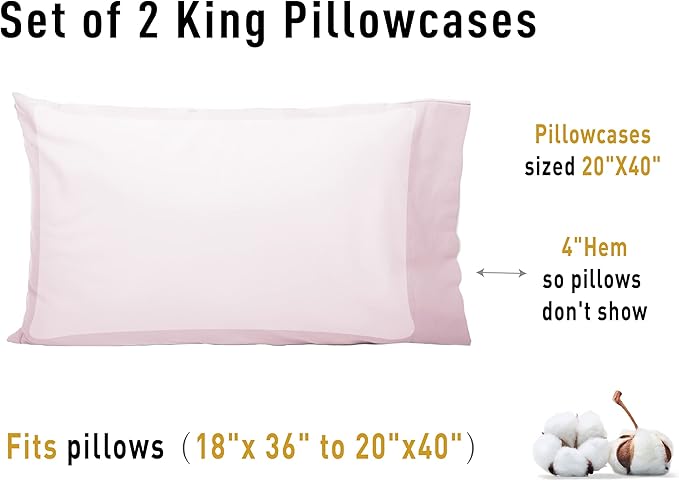 Sunflower King Pillowcases Set of 2, 100% Cotton King Pillow Cases 2, 20×40 inches Light Pink, Soft and Breathable
