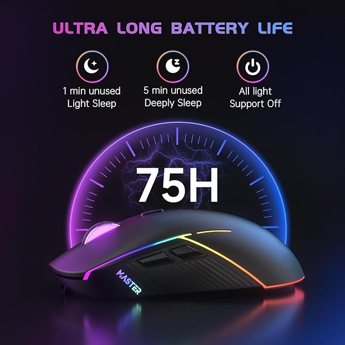 FFJ Wireless Gaming Mouse, 24000 DPI, Tri-Mode 2.4G/USB-C/Bluetooth 5.3 Gaming Mouse Wireless, RGB Programmable Mouse Gamer, 75Hrs Battery Life, Rechargeable Gaming Mice for PC, Mac, PS5, Xbox - Black