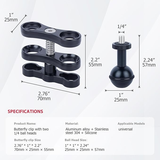 Underwater Photography Pro Kit, CNC Aluminum Butterfly Clamp with Dual 1/4"-20 Ball Head Adapters for Dive Lights, GoPr0 Hero 13-8 Housings & Camera Rigs 63140