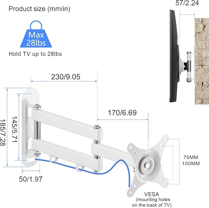 Suptek TV Wall Mount Swivel Tilt Rotation Full Motion Adjustable Articulating for Most 15-32 inch LED, LCD Monitor Wall Mount VESA 75,100, White, 2 Packs (MA2720W-2)