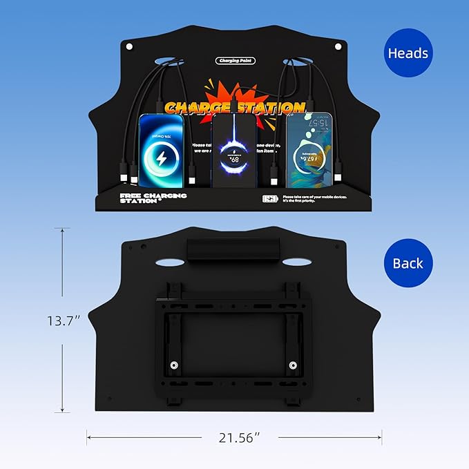 Wall Mounted Cell Phone Charging Station with 8-Port High-Speed Cables – Universal Dock for Apple, Type-C & Android Devices – Ideal for Airports, Hotels, Malls, Offices, Schools (Black)