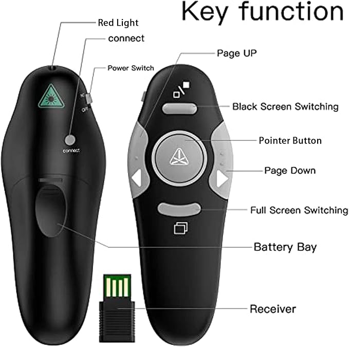 QUI Presentation Clicker Wireless Presenter Remote Clicker for PowerPoint Presentation Remote, PowerPoint Slide Advancer for Mac/Windows/Linux, Google Slide/PPT/Keynote, USB, Black