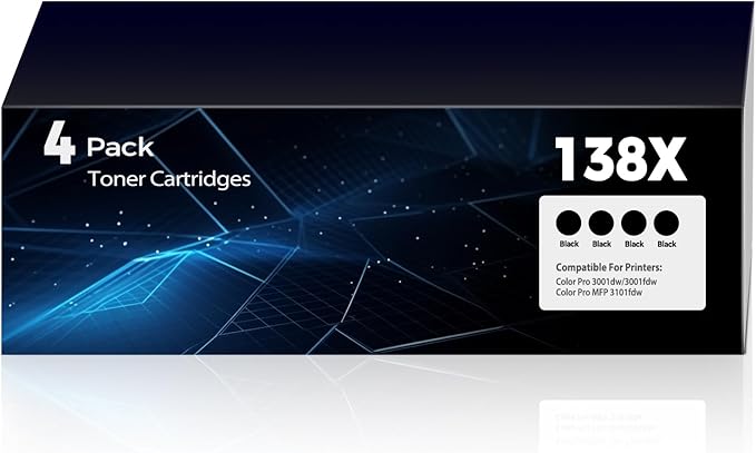 138X Black High-Yield Toner Cartridge 4-Pack (with Chip) Pro 3001dw 3001fdw,Compatible for HP 138X 138A W1380A W1380X Black Laserjet Toner Cartridges for Laserjet Pro 3001dw 3001fdw Pro MFP 3101fdw