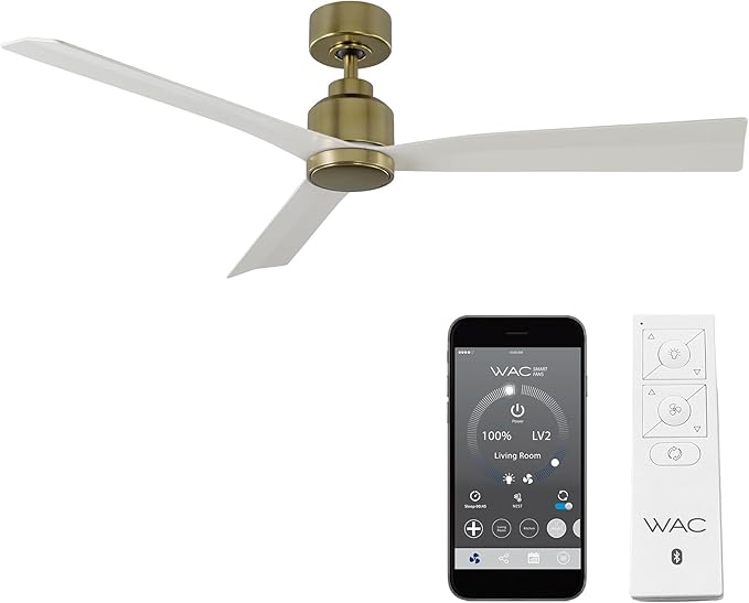 WAC Smart Fans Clean Indoor and Outdoor 3-Blade Ceiling Fan 54in Satin Brass Matte White with Remote Control Works with Alexa and iOS or Android App
