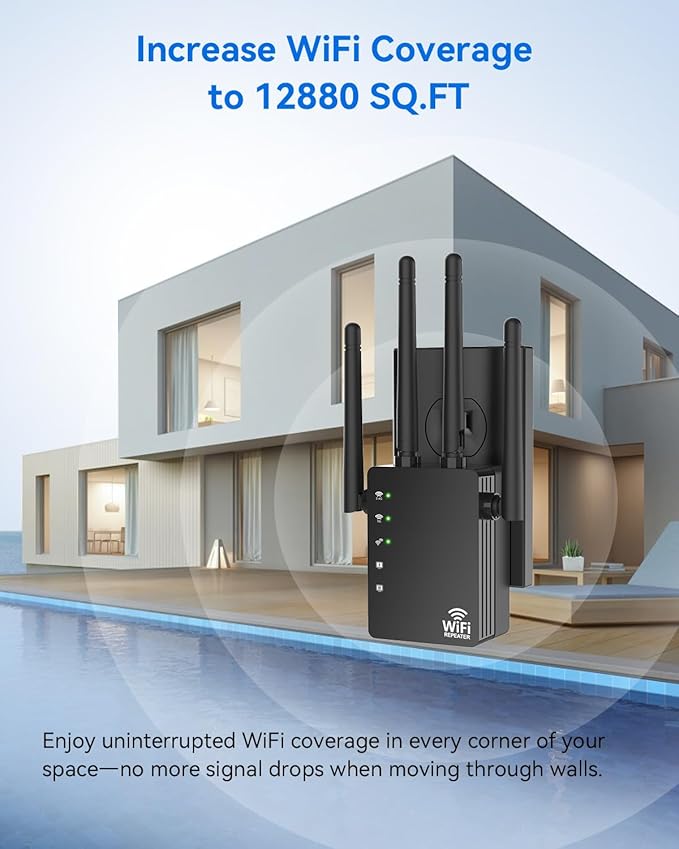 WiFi Extender Signal Booster for Home, WiFi Extender, Long Range up to 12880 Sq Ft and 105 Devices, Internet Extender WiFi Booster, WiFi Repeater with Ethernet Port, Signal Booster(Black)