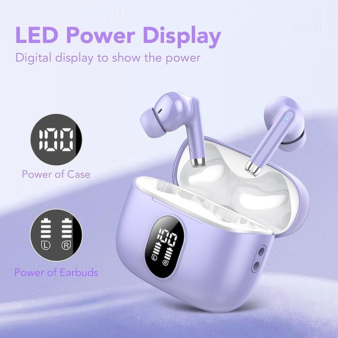 Wireless Earbuds, 2025 New Bluetooth 5.4 Headphones HiFi Stereo with 4 ENC Mic, 40H Mini Ear Buds In-Ear Noise Cancelling Earbuds with Screen, Ultra Light Bluetooth Earphones Purple for Android iOS