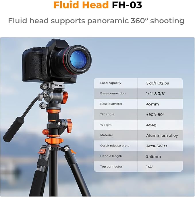 K&F CONCEPT 90''/230cm Overhead Camera Tripod, Horizontal Shooting Video Tripods with Fluid Head Heavy Duty 10KG Load Capacity, Detachable Monopod, for Indoor and Outdoor Use T254A7+FH-03