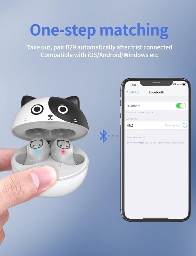 Wireless Earbuds, Wireless Earphones with Microphone, Cartoon Earset with Charging case 32H Playtime,Waterproof,HiFi Stereo in Ear Headphone for Kids Adult