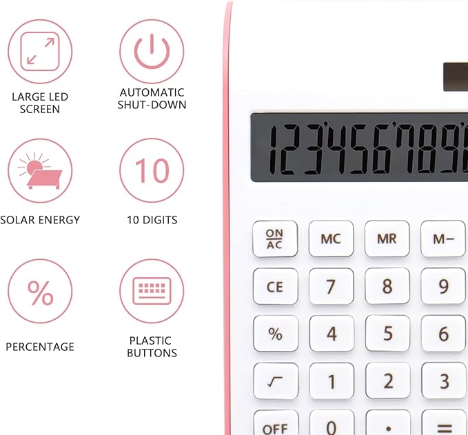 Pink Office Calculator, 10 Digits Solar Battery Basic Desktop With Large LCD Display, School and Office Supplies and Accessories
