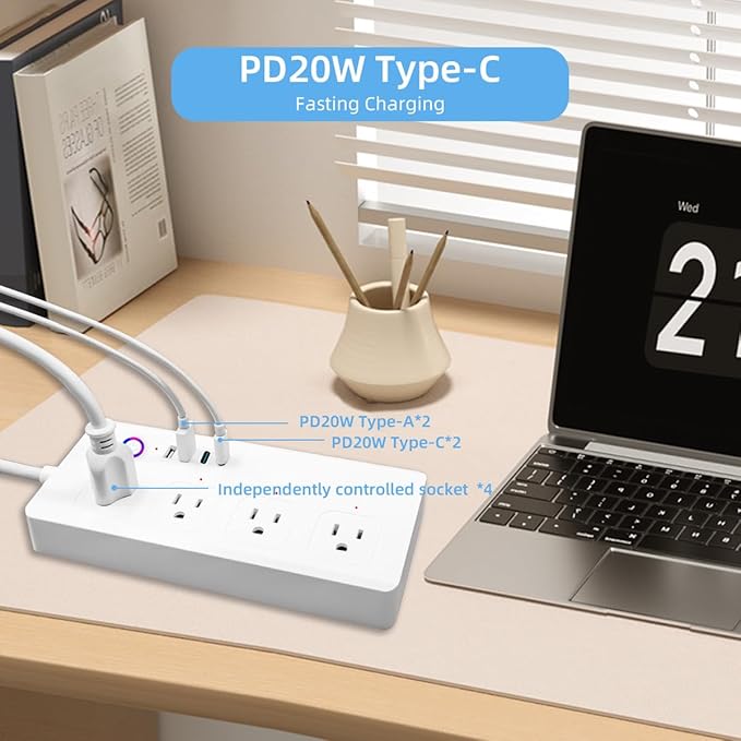 ZigBee Smart Plug Power Strip, Surge Protector with 4 Individually Controlled Smart Outlets and 4 USB Ports, 5FT Flat Extension Cord, Only for 2.4 GHz Wi-Fi, Compatible with Alexa & Google Home