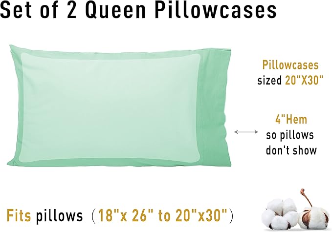 Sunflower Queen Pillowcases Set of 2, 100% Cotton Queen Pillow Cases 2, 20×30 inches Zephyr Green, Soft and Breathable